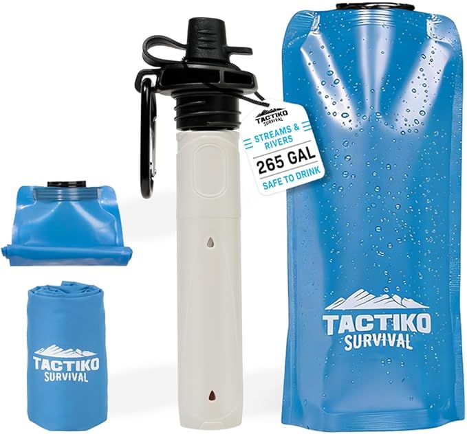Tactiko Survival 20oz/600ml Purifying Water Bottle Filter Kit - Filter 265 Gal. Water from Rivers, Lakes & Streams - SGS Certified - UF Membrane, Activated Carbon - Camping, Hiking, Emergency (Blue)
