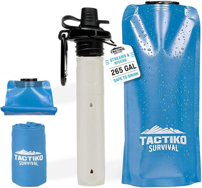 Tactiko Survival 20oz/600ml Purifying Water Bottle Filter Kit - Filter 265 Gal. Water from Rivers, Lakes & Streams - SGS Certified - UF Membrane, Activated Carbon - Camping, Hiking, Emergency (Blue)
