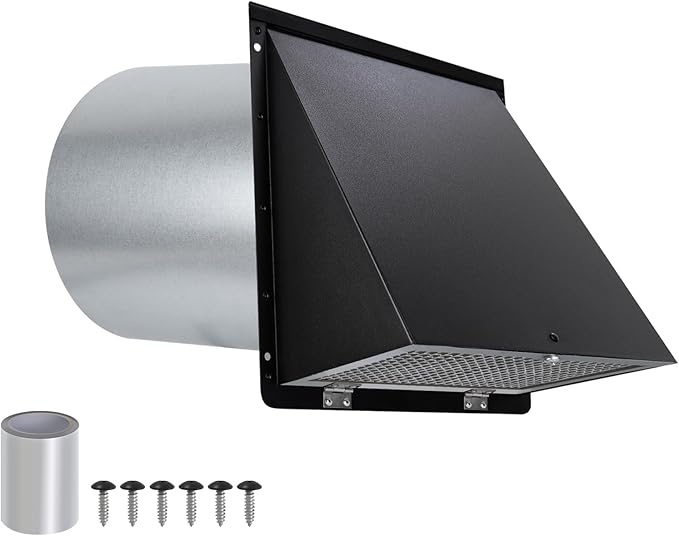 7 Inch Hooded Wall Vent with Mesh and Damper, 7'' Exhaust Vent Cover Cap for Kitchen Range Hood/Dryer/Laundry/Bathroom Exhaust Fan,Outside Wall Vent Hood Exterior Duct Vent Cap-Galvanized Steel,Black