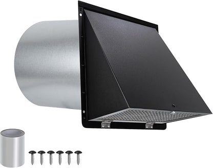 7 Inch Hooded Wall Vent with Mesh and Damper, 7'' Exhaust Vent Cover Cap for Kitchen Range Hood/Dryer/Laundry/Bathroom Exhaust Fan,Outside Wall Vent Hood Exterior Duct Vent Cap-Galvanized Steel,Black