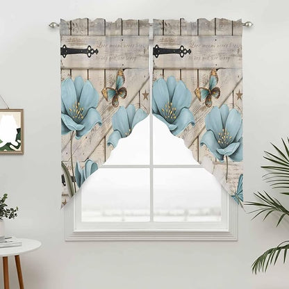 Teal Blue Tulips Swag Valances for Windows, Spring Floral Barn Doors Vintage Wood Beige Rod Pocket Kitchen Curtains Valance, Small Window Curtains Swag for Cafe Living Room, 2 Panels, 36x36 inch