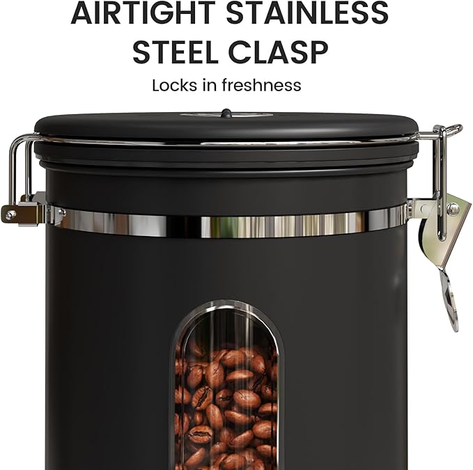 Veken Large Coffee Canister with Window, Kitchen Food Storage Airtight Stainless Steel Container for 2.2lbs Coffee Beans, Grounds, Rice,Tea, Flour, Cereal, Sugar Jars,Date Tracker and Scoop 39oz,Black