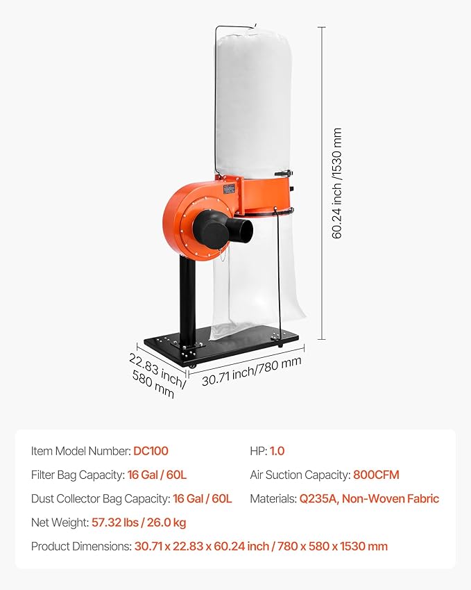 VEVOR Dust Collector, 800 CFM 2.5 Micron Vortex Cone Dust Collectors, 1HP Sawdust Collection System with 16-Gallon Large Capacity Dusts Collector Bag, Filter Bag, and Casters, 3400 RPM High Speed