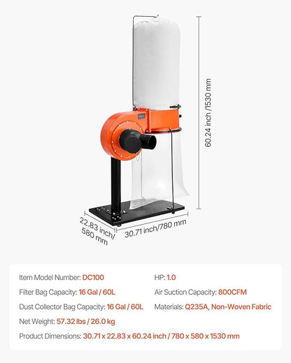 VEVOR Dust Collector, 800 CFM 2.5 Micron Vortex Cone Dust Collectors, 1HP Sawdust Collection System with 16-Gallon Large Capacity Dusts Collector Bag, Filter Bag, and Casters, 3400 RPM High Speed