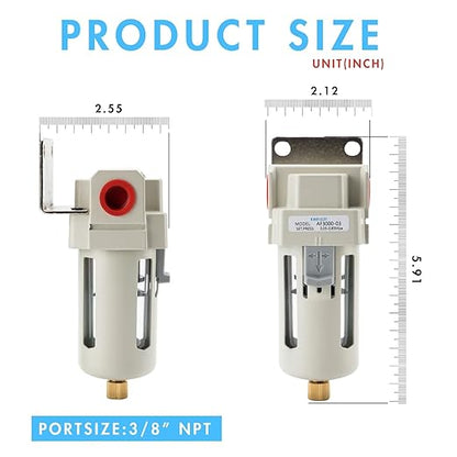 3/8" NPT Air Dryer for Compressor | Compressed Air Line Filter | 5 Micron Brass Element|Bracket, Poly Bowl, 145 psI