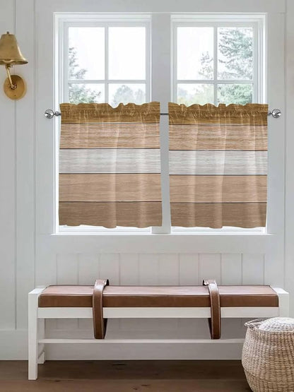 Retro Farm Wood Board Window Valance Curtains, Brown Graduality Striped Light Filtering Kitchen Valance with 3-inch Rod Pocket for Living Room Bathroom Bedroom,2 Panel,27.5x24In