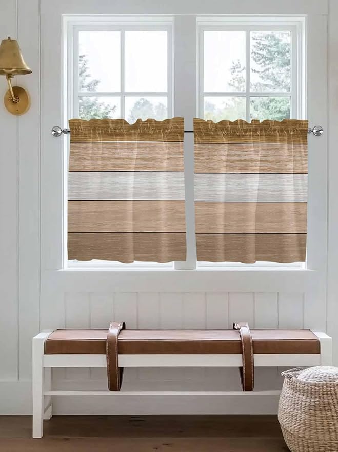 Retro Farm Wood Board Window Valance Curtains, Brown Graduality Striped Light Filtering Kitchen Valance with 3-inch Rod Pocket for Living Room Bathroom Bedroom,2 Panel,27.5x36In