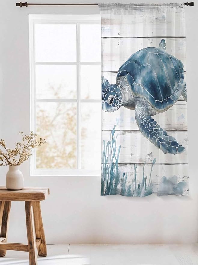 Sheer Curtains 63 Inch Length, Ocean Sea Turtle Semi Sheer Curtains Light Filtering Window Treatment, Coastal Seaweed Vintage Wood Grain Privacy Voile Drapes for Living Room Bedroom 52x63 Inch