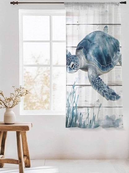 Sheer Curtains 72 Inches Long, Ocean Sea Turtle Semi Sheer Curtains Light Filtering Window Treatment, Coastal Seaweed Vintage Wood Grain Privacy Voile Drapes for Living Room Bedroom 52x72 Inch