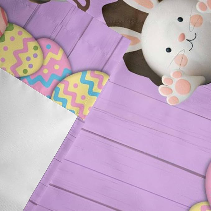 Purple Easter Curtain Valances for Windows, Kitchen Valance Window Treatment, Spring Cartoon Bunny Colorful Eggs Wood Grain Light Filtering Block Curtains for Bathroom/Bedroom/Living Room 60'' x 18''