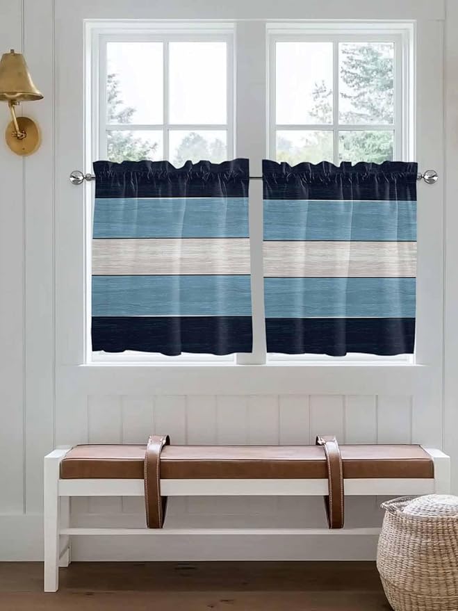 Vintage Country Woodcuts Window Valance Curtains, Blue Gradient Striped Light Filtering Kitchen Valance with 3-inch Rod Pocket for Living Room Bathroom Bedroom,2 Panel,27.5x36In