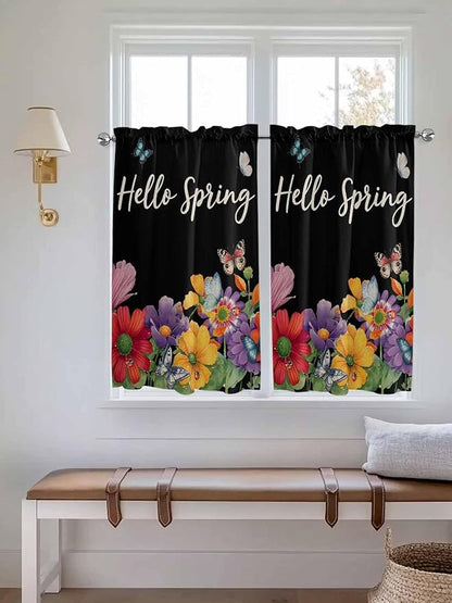 Spring Flowers Kitchen Curtains 45 Inches length, Watercolor Country Colorful Floral Black Window Treatment Curtain Drapes, Lightweight Window Panels for Living Room Bedroom, 52"x45", 2 Panels