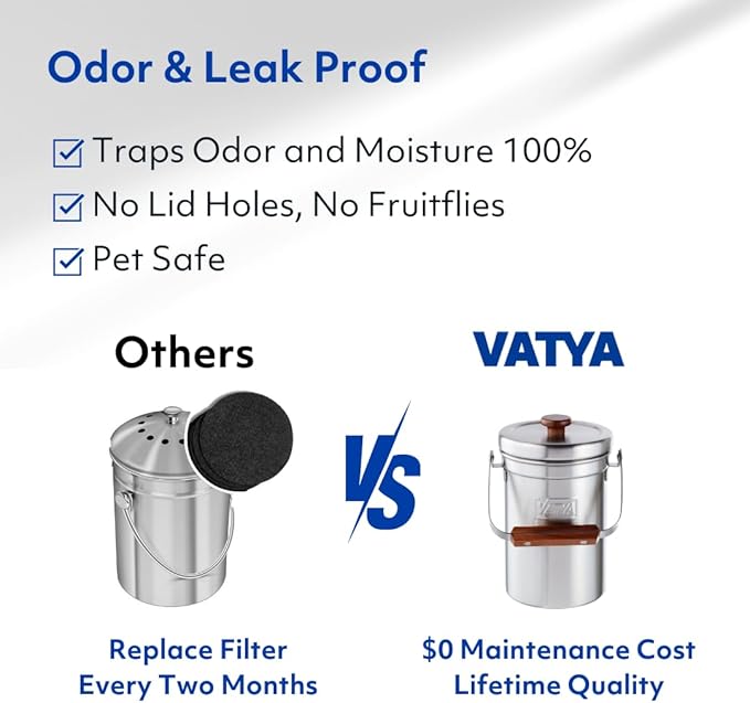 Vatya Stainless Steel Kitchen Compost Bin - NO Filter Countertop Composter, Composting Bucket, Counter Top Small Indoor Food Waste Container with Lid, Odorless Food Scrap Pail, Small 0.5 Gallon