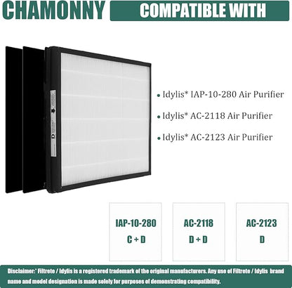 IAF-H-100D Idylis D Replacement Filter Size D, Compatible with Idylis AC-2118, AC-2123, IAP-10-280 Air Purifier Devices, 2 H13 True HEPA Filters + 4 Activated Carbon Pre-filters