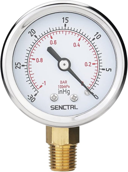 SENCTRL 30inHg Vacuum Pressure Gauge, 2" Dial, 1/4 NPT Lower Mount, Waterproof, Stainless Steel Case, for Tube Tester, HVAC, Pneumatic Air Compressor, Hand Pump, Valve Test