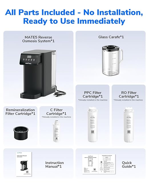 Ecoviva MATE5 Countertop Reverse Osmosis Water Filter, 8-Stage RO Water Filter Purifier, Meet NSF/ANSI 58 Standard, Installation-Free, Portable Water Dispenser for Home & Kitchen & RV, Green Tag