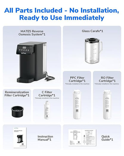 Ecoviva Mate 5 Countertop Reverse Osmosis Water Filter, 8-Stage RO Water Filtration System with 40 oz Water Pitcher, Alkaline Mineralization pH+, Compact Design, Meets NSF/ANSI 58 Standard, Black