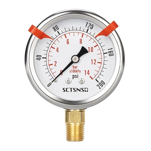 0 to 200 Psi Pressure Gauge, Glycerin Liquid Filled, 2.5 inch Dial, 1/4" NPT Lower Mount, Stainless Steel Case, for Air Compressor, Shock, Water System, Well Pump, Tank, Pipe, Pressure Test