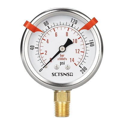 0 to 200 Psi Pressure Gauge, Glycerin Liquid Filled, 2.5 inch Dial, 1/4" NPT Lower Mount, Stainless Steel Case, for Air Compressor, Shock, Water System, Well Pump, Tank, Pipe, Pressure Test