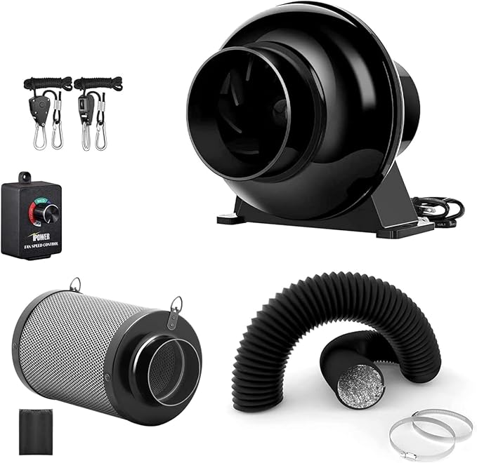iPower 4 Inch 195 CFM Inline Fan, Air Carbon Filter, 8 Feet PVC Ducting, Speed Controller, Rope Hanger, Vent Exhaust for Grow Tent Ventilation