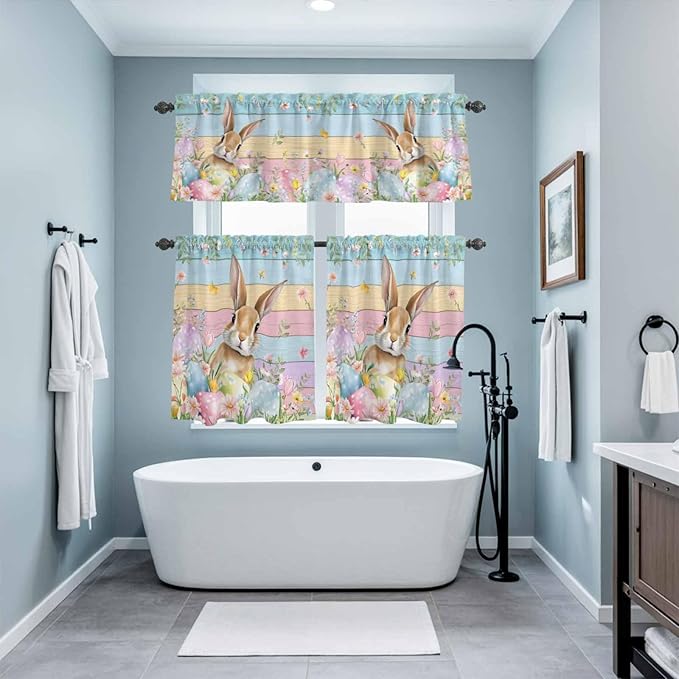 Kitchen Curtains Tiers and Valance Set of 3, Easter Light Filtering Window Curtain Set, Spring Rabbit Eggs Floral Colorful Wooden Grain Rod Pocket Curtain Drapes for Cafe, Living Room, 36 Inches Tiers
