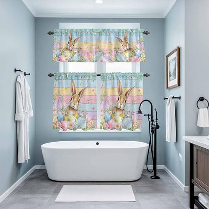 Kitchen Curtains Tiers and Valance Set of 3, Easter Light Filtering Window Curtain Set, Spring Rabbit Eggs Floral Colorful Wooden Grain Rod Pocket Curtain Drapes for Cafe, Living Room, 36 Inches Tiers