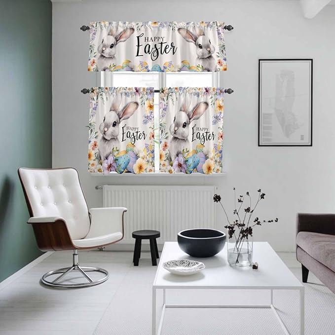 Happy Easter Kitchen Curtains Set 3 Piece for Windows,Rod Pocket Valance and Tier Set 24 Inch Length,Spring Grey Bunny Colorful Eggs Flower Beige Light Filtering Cafe Curtains for Living Room