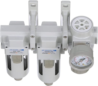 PneumaticPlus SAU330-N03G Three Stage Compressed Air Drying System - Particulate Air Filter, Coalescing Filter, Air Pressure Regulator Combo 3/8" NPT - Poly Bowl, Manual Drain, Gauge