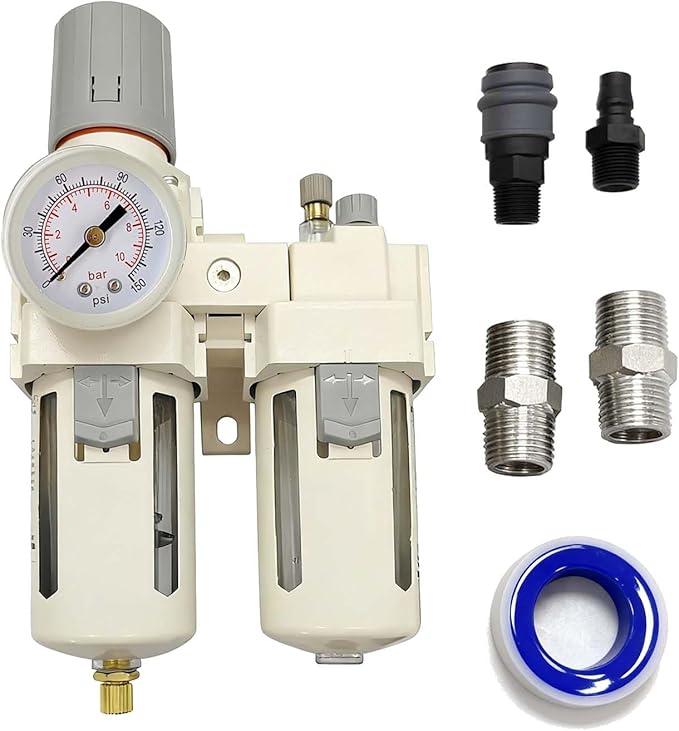 YSIL 3/8" NPT Compressed Air Filter Regulator Lubricator Two Units Combo Air Pressure Regulator with Gauge(0-150PSI) Water/Oil Trap Separator,Semi-Auto Drain,Poly Bowl with Metal Guard,Bracket