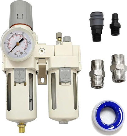 YSIL 3/8" NPT Compressed Air Filter Regulator Lubricator Two Units Combo Air Pressure Regulator with Gauge(0-150PSI) Water/Oil Trap Separator,Semi-Auto Drain,Poly Bowl with Metal Guard,Bracket