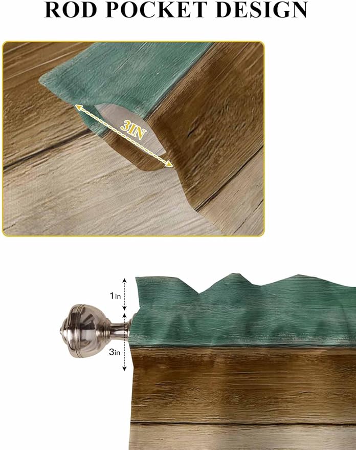 Vintage Plank Turquoise Brown Window Valance Curtains, Farmhouse Wood Grain Light Filtering Kitchen Valance with 3-inch Rod Pocket for Living Room Bathroom Bedroom,2 Panel,42x63In