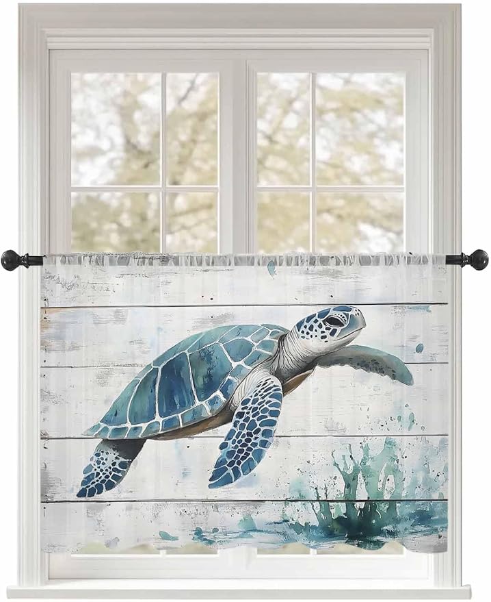 Sheer Curtains 45 Inch Length, Teal Green Sea Turtle Semi Sheer Curtains Light Filtering Window Treatment, Summer Ocean Vintage Wood Grain Privacy Voile Drapes for Living Room Bedroom 52x45 Inch