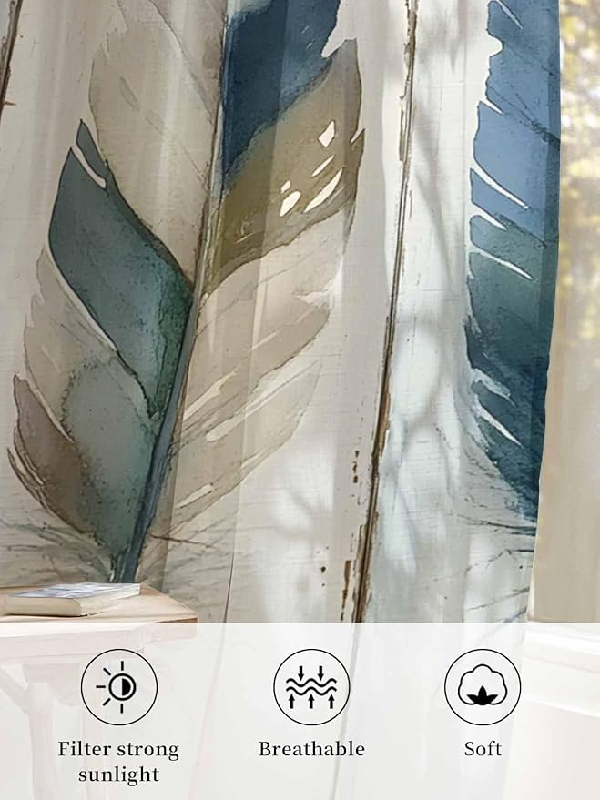 Sheer Curtains 108 Inches Long, Boho Blue Feathers Semi Sheer Curtains Light Filtering Window Treatment, Farmhouse Vintage Wooden Grain Privacy Voile Drapes for Living Room Bedroom 52x108 Inch