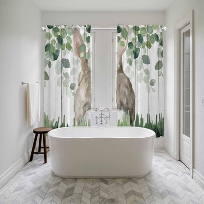 Easter Kitchen Curtains, Country Rabbit Botanical Leaves Wooden Grain Light Filtering Window Curtain Panels, 2Pcs Rod Pocket Window Treatments Set for Living Room Bathroom Bedroom 52x72 Inches