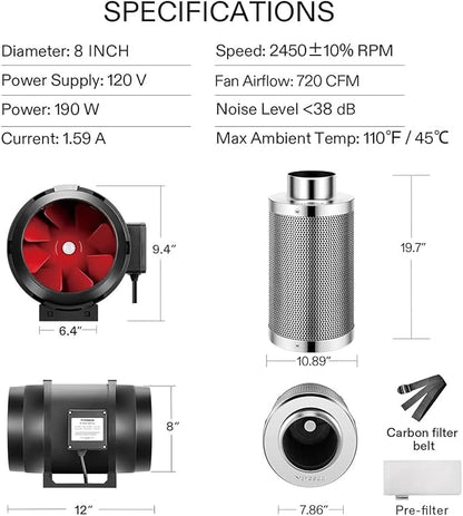 VIVOSUN Ventilation Kit 8 Inch 720 CFM Inline Duct Fan with 8" x 20" Carbon Filter Odor Control System with Australia Virgin Charcoal for Grow Tent Ventilation