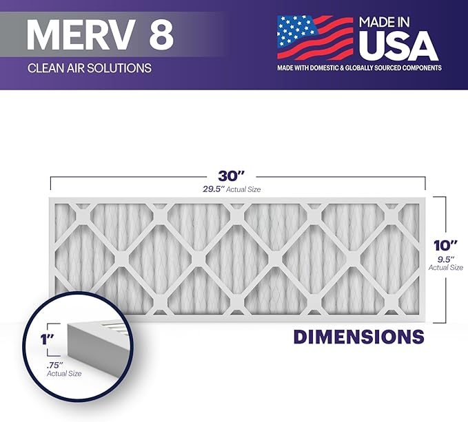 BNX TruFilter 10x30x1 Air Filter MERV 8 (4-Pack) - MADE IN USA – Dust & Pet Defense Electrostatic Pleated Air Conditioner HVAC AC Furnace Filters for Dust, Pet, Mold, Pollen MPR 600 – 700 & FPR 5