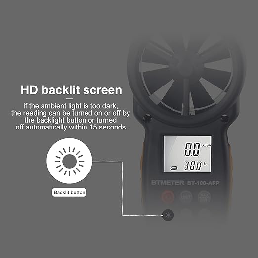 BTMETER BT-100APP Anemometer w/Wireless Bluetooth, Digital Handheld Wind Speed Meter for Wind Chill, Air Velocity, Temperature, Vane Anemometer Gauge