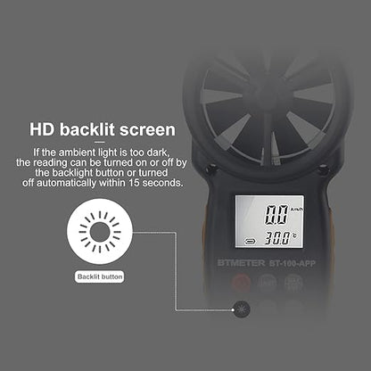 BTMETER BT-100APP Anemometer w/Wireless Bluetooth, Digital Handheld Wind Speed Meter for Wind Chill, Air Velocity, Temperature, Vane Anemometer Gauge