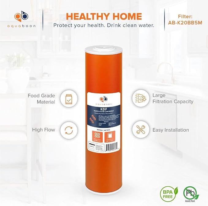 Aquaboon 20x4.5" Whole House Water Filter Cartridge – Premium KDF Heavy Metal Removal – Fits DB20P Housings 1 Pack