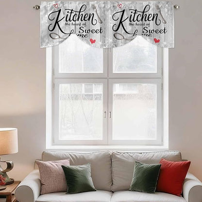 Kitchen Knife Fork Tie Up Valance Curtains for Windows, Kitchen Curtains Window Shades, Vintage Love Heart Grey Wood Grain Light Filtering Roman Curtain Valances for Bedroom/Bathroom/Cafe 54"x18"