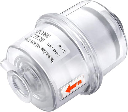 Oil Mist Filter, KF25 Vacuum Pump Exhaust Filter, 95% Efficiency Oil Mist Separator, Clear PC Body, Glass Fiber Element, 1.6" Port, 15.75" Drain Pipe, for CNC, Lab, Industrial, Compact 4.1"×5.6"