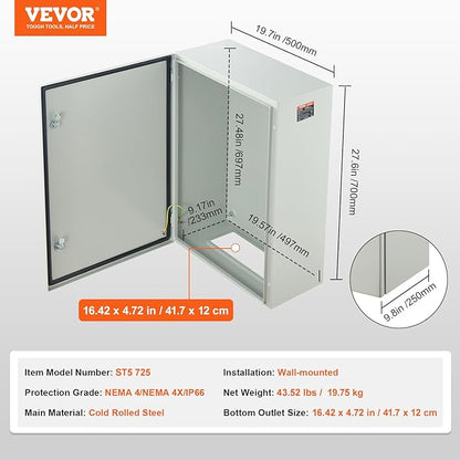 VEVOR Steel Electrical Box, 28 x 20 x 10 in, Cold Rolled Steel Electrical Enclosure Box, Wall-Mounted Outdoor Electrical Electronic Equipment Enclosure with Mounting Plate Hinges Lock, IP66 Waterproof