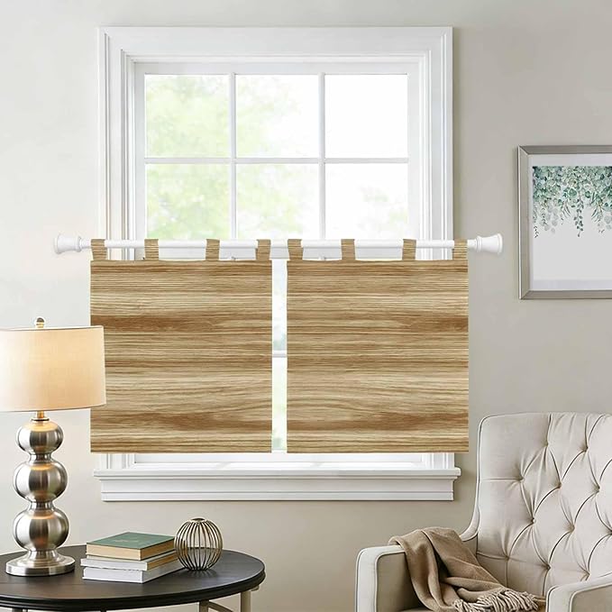 Light Brown Wood Grain Kitchen Curtains 36 Inch Length, Small Window Curtains Tab Top, Western Farmhouse Barn Door Light Filtering Short Window Treatments Tier Drapes 27.5"x36" 2 Panel