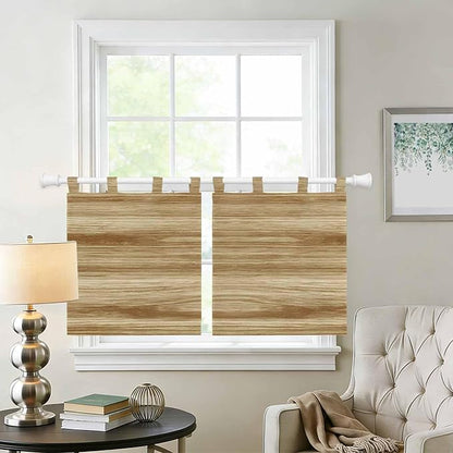 Light Brown Wood Grain Kitchen Curtains 36 Inch Length, Small Window Curtains Tab Top, Western Farmhouse Barn Door Light Filtering Short Window Treatments Tier Drapes 27.5"x36" 2 Panel