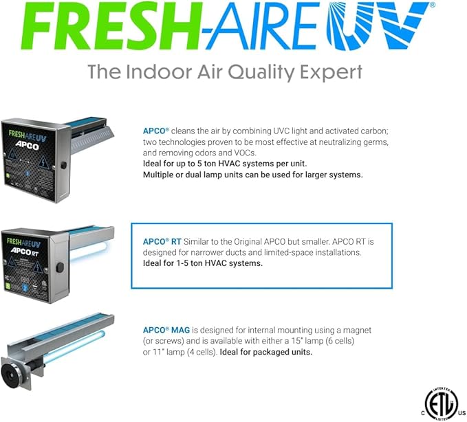 Fresh-Aire UV Fresh-Aire APCO Compact HVAC UV Air Purifier w/Carbon Matrix and Remote Power Supply, Includes Dual 2 Year UVC Lamp for Coils, 18-32 VAC