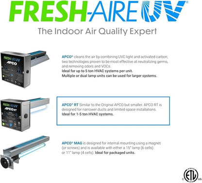 Fresh-Aire UV Fresh-Aire APCO Compact HVAC UV Air Purifier w/Carbon Matrix and Remote Power Supply, Includes Dual 2 Year UVC Lamp for Coils, 18-32 VAC