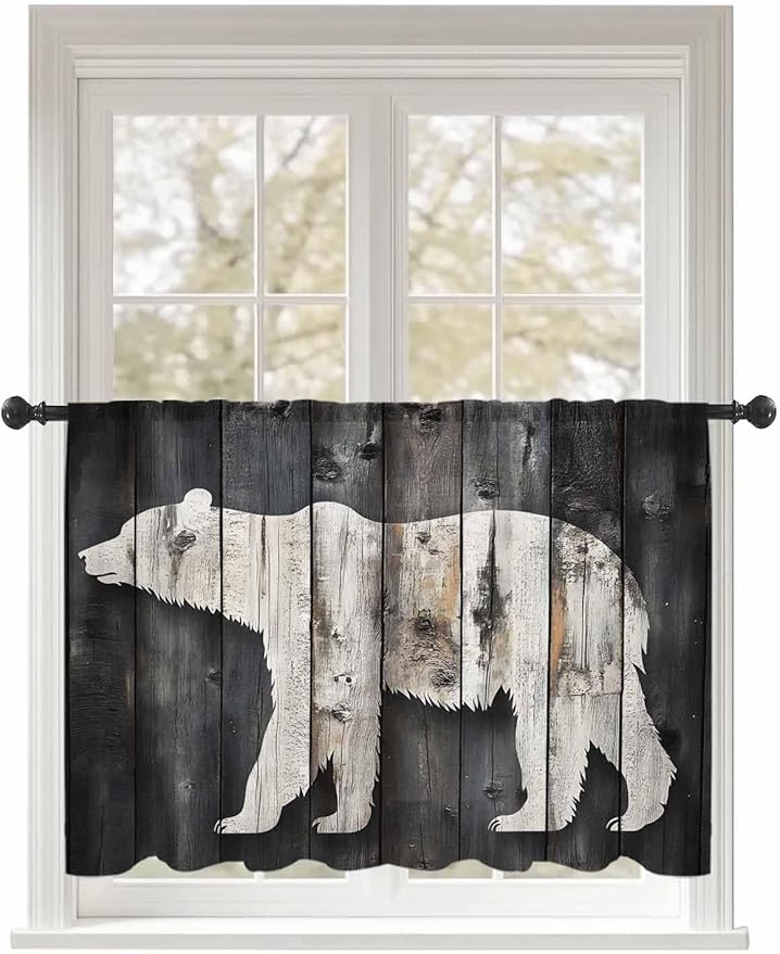 Sheer Curtains 45 Inch Length, White Brown Bear Semi Sheer Curtains Light Filtering Window Treatment, Farmhouse Country Vintage Wood Grain Privacy Voile Drapes for Living Room Bedroom 52x45 Inch