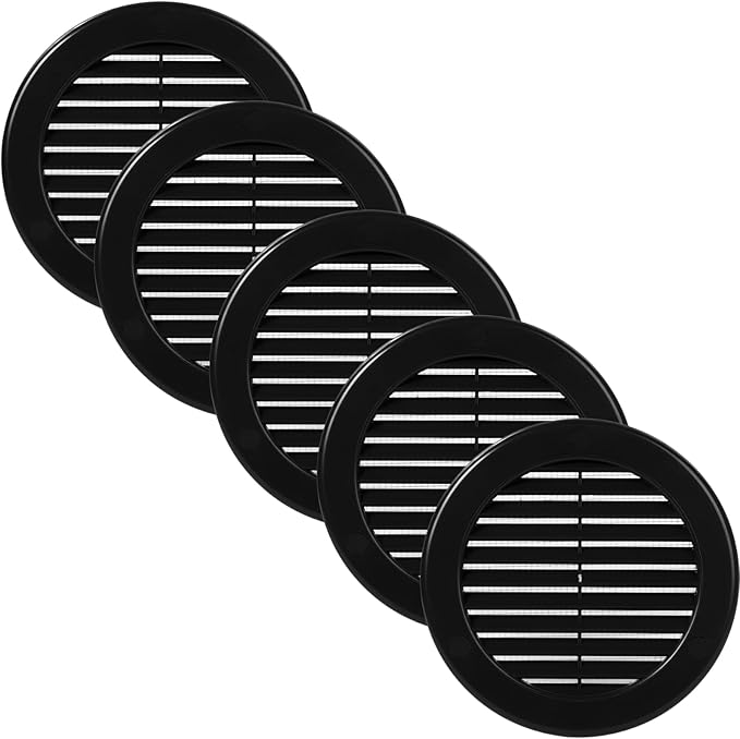 Vent Systems 4" Inch (Opening Dimensions) - Pack of 5 - Black Soffit Vent Cover - Plastic Round Air Vent Grille - Built-in Mesh Screen - HVAC Register Louver for Bathroom, Home, Kitchen