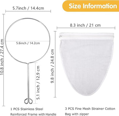 WMKGG Ultra Fine Mesh Strainer Bags, Reusable Mesh Filter Bags with Stainless Steel Handle Frame for Filter NutMilk, Coffee, Milk, Butter, Juices and Fresh Cheese (Small Size)