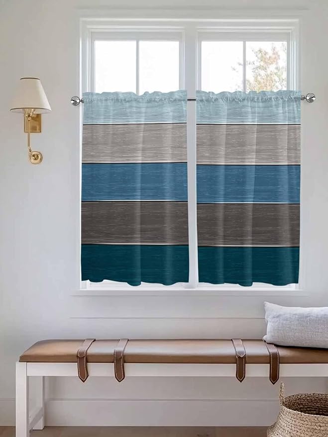 Retro Farm Blue Gray Wood Grain Window Valance Curtains, Rustic Wooden Plank Light Filtering Kitchen Valance with 3-inch Rod Pocket for Living Room Bathroom Bedroom,2 Panel,52x54In